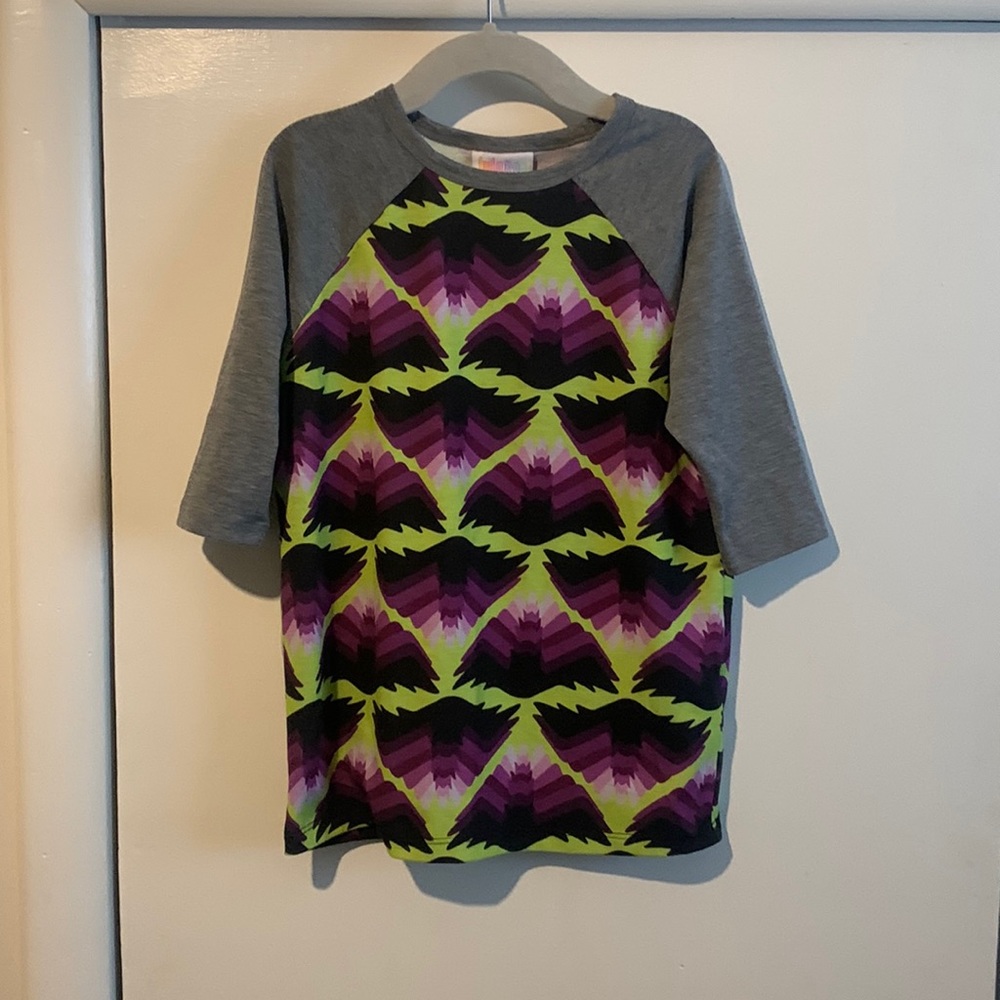 LuLaRoe size 6 purple, black lime green with gray Halloween 3/4 sleeve with bats
